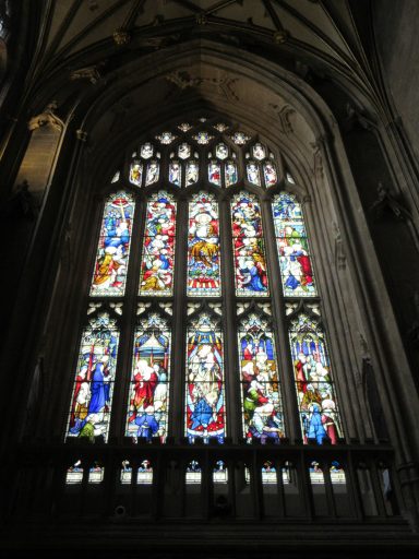 The cleaned and conserved West Window reinstalled at SMR by DH Stained Glass.